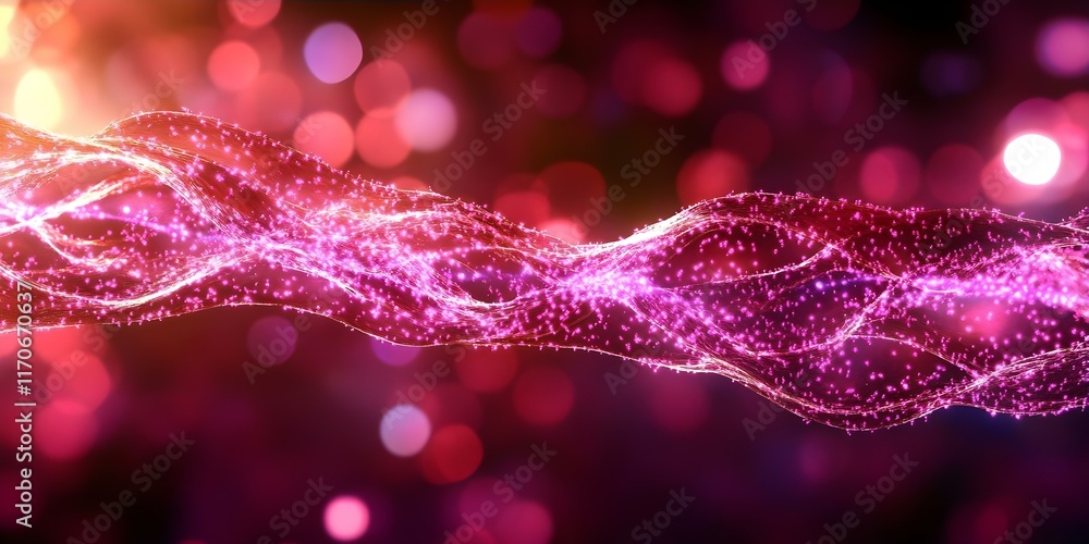 Poster a glowing, wavy line made of sparkling particles, set against a colorful, bokeh background of reds a