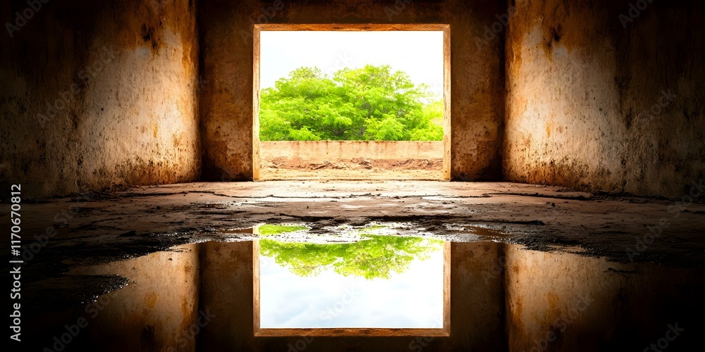 Aufkleber an empty room with a large open window revealing a vibrant green tree outside, reflecting in a puddl