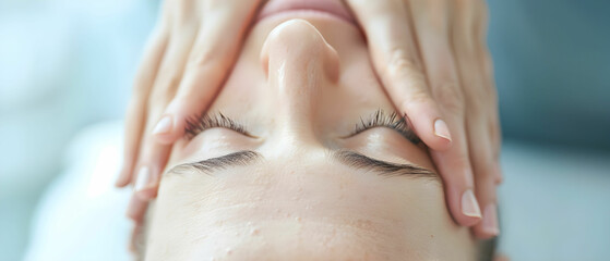 Naklejka premium Relaxation and Wellness - Close-up of a Woman Receiving a Soothing Facial Massage Therapy Treatment at a Spa