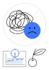 Tangled brain with sad face, graph with focus point, and cherry symbolizing clarity, strategy, and reward. Ideal for mental health, goals, productivity, balance growth focus abstract line flat