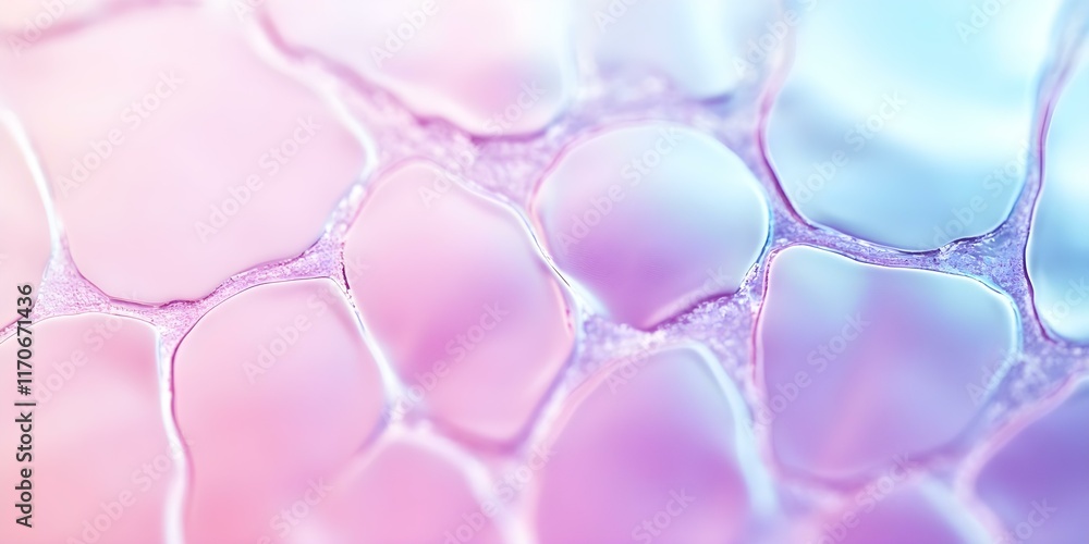 Poster a close-up view of colorful, translucent bubbles or cells with a smooth, abstract pattern in pastel 