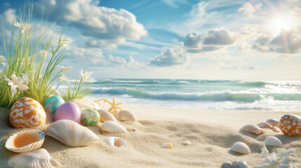 Obraz premium serene beach scene with colorful Easter eggs, shells, and flowers