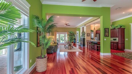 Fototapeta premium Luxurious Tropical Home Interior with Green Walls and Hardwood Floors