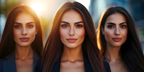 Fototapeta premium Three women with long hair are standing closely together, exuding confidence, with sunlight creating a warm glow behind them. Concept Confidence in Sisterhood, Radiant Sunlight, Long Hair Beauty
