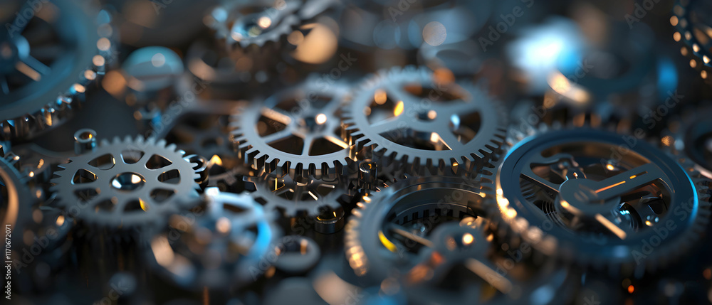 Aufkleber close-up view of intricate metal gears and cogs in motion on a dark background for mechanical engine