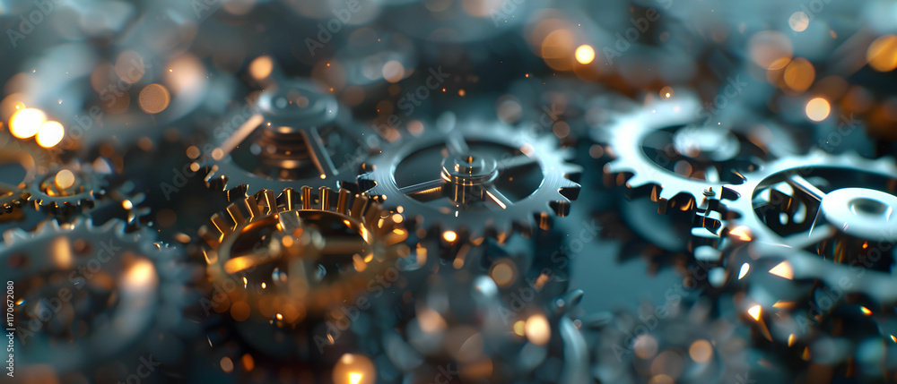 Aufkleber close-up of intricate metallic gears with shimmering reflections and depth in industrial setting