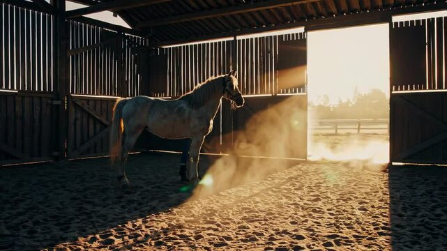 Caring for a horse at sunrise in a rustic barn setting in rural America