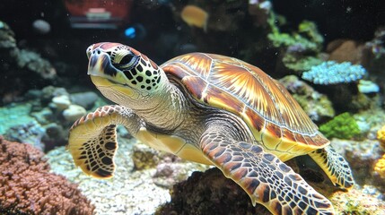 Obraz premium A close-up of a sea turtle swimming gracefully in a vibrant coral reef environment.