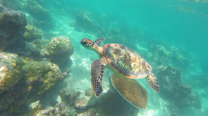 "Coral Hunter: Hawksbill Turtle Foraging Among the Reef"

