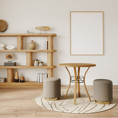 Frame mockup in Interior, a living room with a chair with frames  on wall, 3D rendering	
