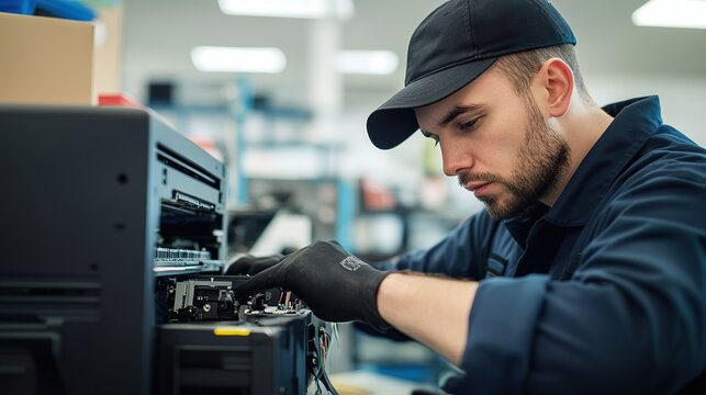Technician repairing a printer in a workshop