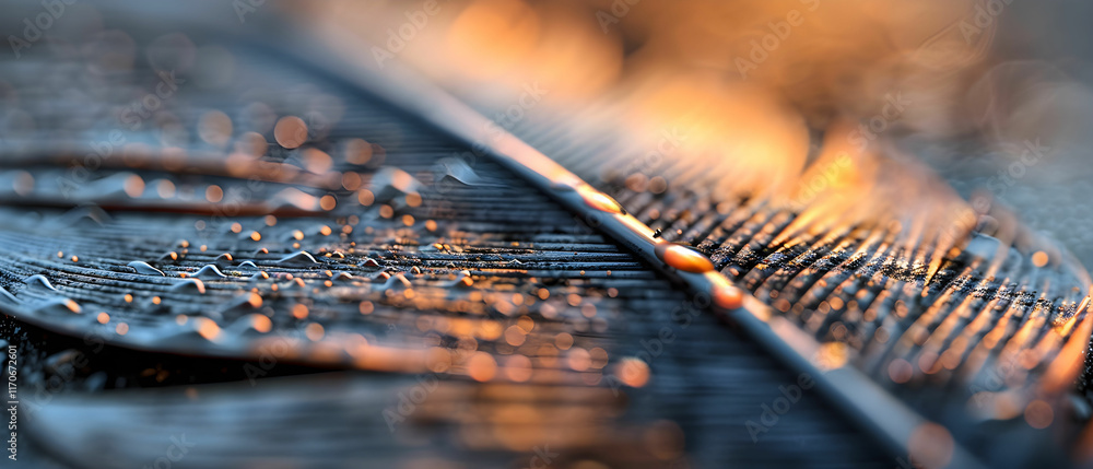 Poster close-up of water droplets on a leaf with soft bokeh and warm light reflection in the background