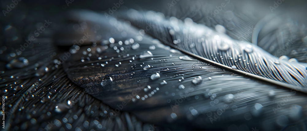 Poster close-up of a black feather with water droplets on a dark background capturing intricate textures an