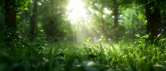 Fototapeta premium Lush Green Forest Under Bright Sunlight with Gentle Beams Illuminating the Vibrant Grass Landscape