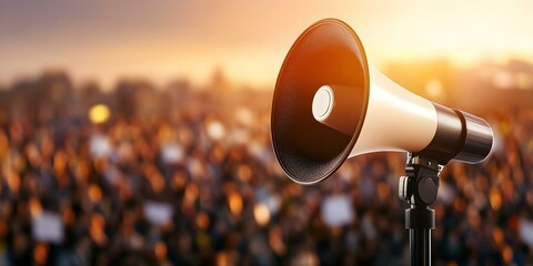 A megaphone positioned in front of a blurred crowd, suggesting a rally or event where people are expressing their voices. Concept Rally Atmosphere, Public Expression, Activism Visuals