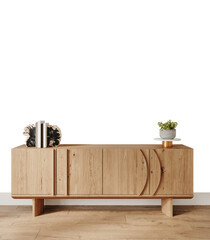 Free PNG wallpaper mockup in Interior, a wooden shelf with a plant on it and a pot on it with transparent background, 3D rendering