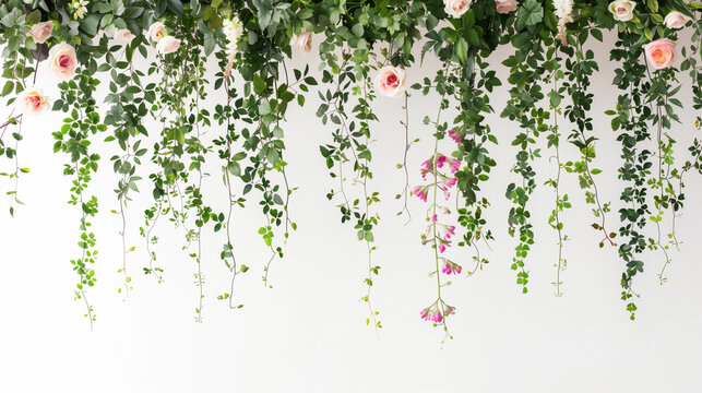 A lush hanging arrangement of green plants with pink flowers against a clean white background, ideal for natural decor and botanical aesthetics