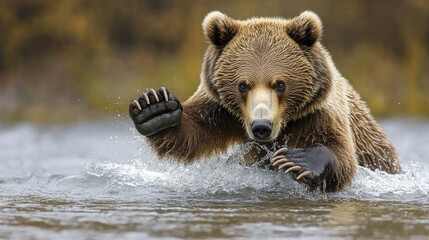 Obraz premium A bear splashes through water, showcasing its powerful limbs and natural habitat.