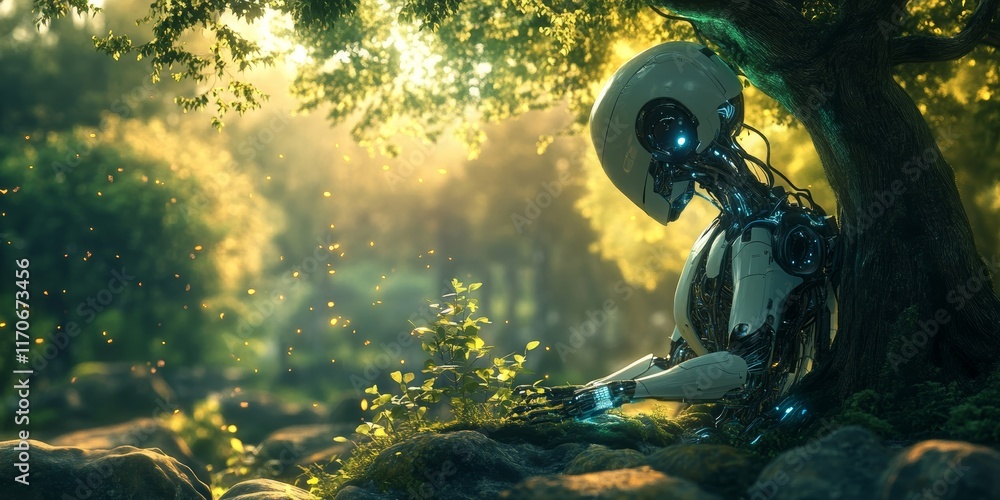 Poster futuristic robot in nature setting with sunlight filtering through trees and glowing fireflies