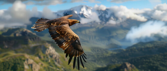 Fototapeta premium Majestic Golden Eagle in Flight Against Scenic Mountain Landscape with Lush Greenery and Blue Sky
