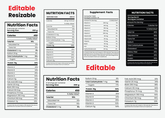Nutrition facts template, supplement facts template and vitamin facts vector template