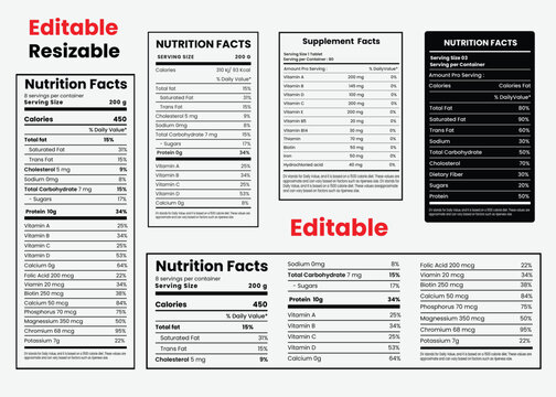 Nutrition facts template, supplement facts template and vitamin facts vector template