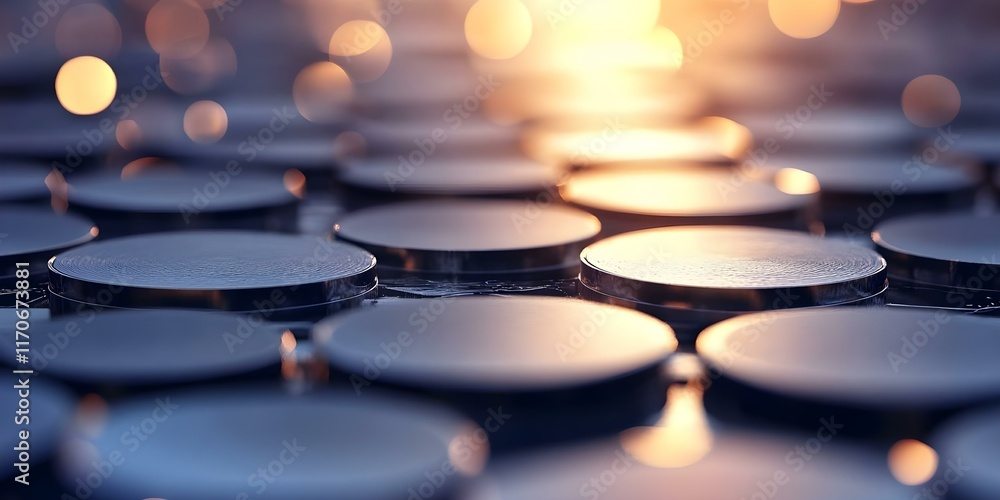 Poster a close-up of circular metallic discs reflecting light, arranged in a pattern with a soft, blurred b