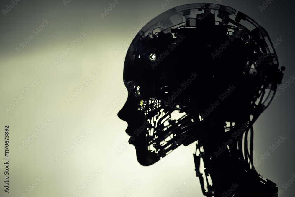 Aufkleber futuristic silhouette of a human-like robot with intricate mechanical details and soft lighting..
