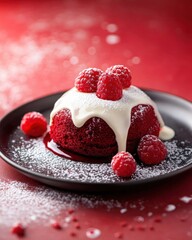 Delicious red velvet dessert topped with fresh raspberries and a drizzle of cream on a dark plate.