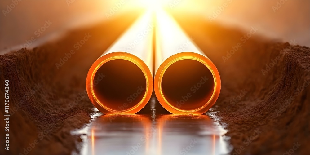 Poster two large pipes lying parallel on the ground, with sunlight creating a glowing effect at their ends,