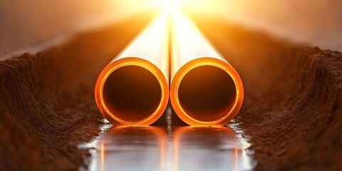 Two large pipes lying parallel on the ground, with sunlight creating a glowing effect at their ends, surrounded by a dusty surface. Concept Pipes in Sunlight, Parallel Structures, Glowing End Effect
