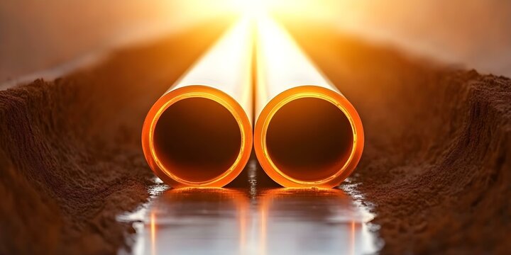 Two large pipes lying parallel on the ground, with sunlight creating a glowing effect at their ends, surrounded by a dusty surface. Concept Pipes in Sunlight, Parallel Structures, Glowing End Effect