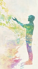Naklejka premium Abstract Watercolor Silhouette of a Person Reaching Out with Colorful Energy Flowing
