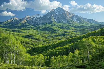 Lush green valley and snow-capped mountain peak under blue sky.