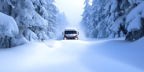 A truck is partially buried in deep snow, surrounded by snowy trees in a winter landscape. The scene is misty and quiet. Concept Winter Landscape, Truck in Snow, Misty Scene, Snow-Covered Trees