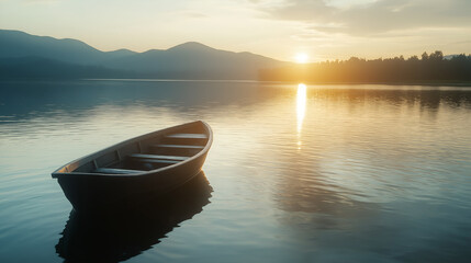 Calm lake at sunrise with a small wooden boat floating gently, symbolizing peace. Nature and Serenity mockup, free space for text