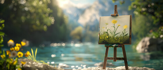 Serene Landscape with Artist's Easel and Beautiful Yellow Flowers by Tranquil Riverbank Surrounded by Lush Greenery