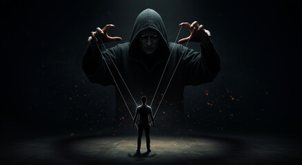 Manipulation, shadow and man with strings for control, dark power or oppression in conceptual image. Person, puppet or evil with figure for influence, domination or hidden agenda, mystery and fear