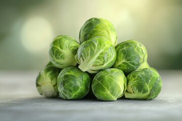 Fototapeta premium Fresh green Brussels sprouts stacked in a small pyramid on a rustic surface.