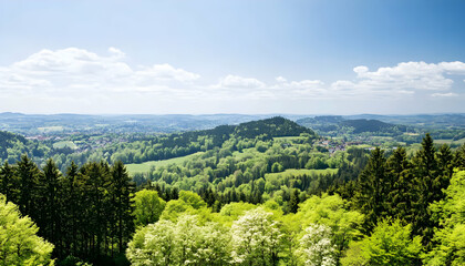 Panoramic view of a lush green valley, nestled amongst rolling hills under a vibrant blue sky.  Perfect for travel, nature, and environmental themes.