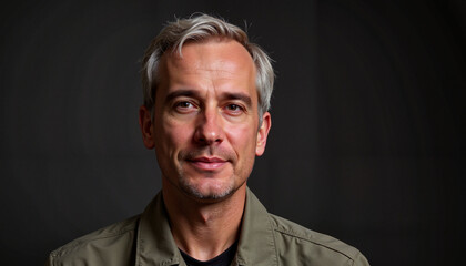 Obraz premium Portrait of a distinguished mature man with silver hair and a confident smile, dressed in a casual olive jacket, isolated on a dark backdrop