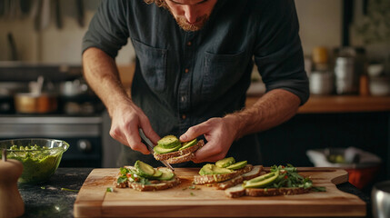 Man prepares healthy avocado toast in cozy kitchen setting. Generative AI