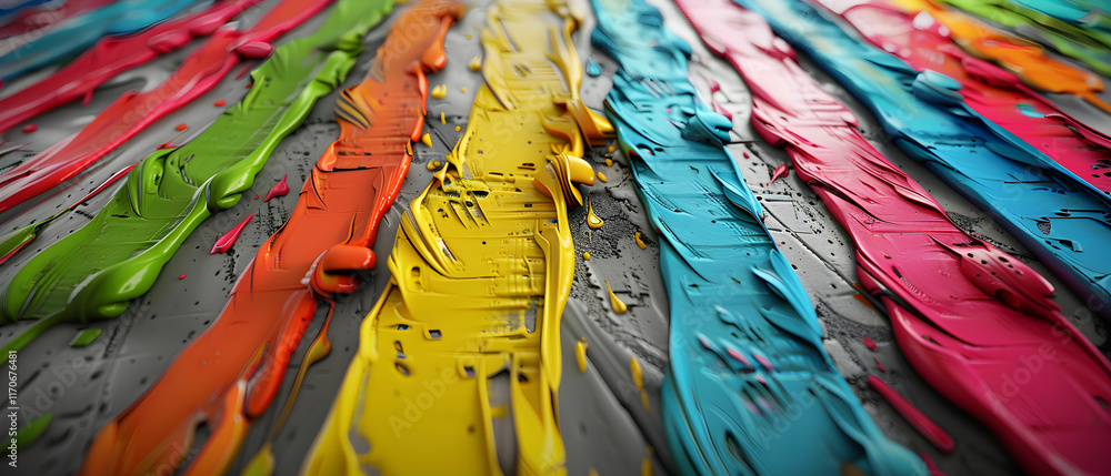 Poster vibrant horizontal paint streaks on canvas surface in vivid colors and textures for artistic backgro