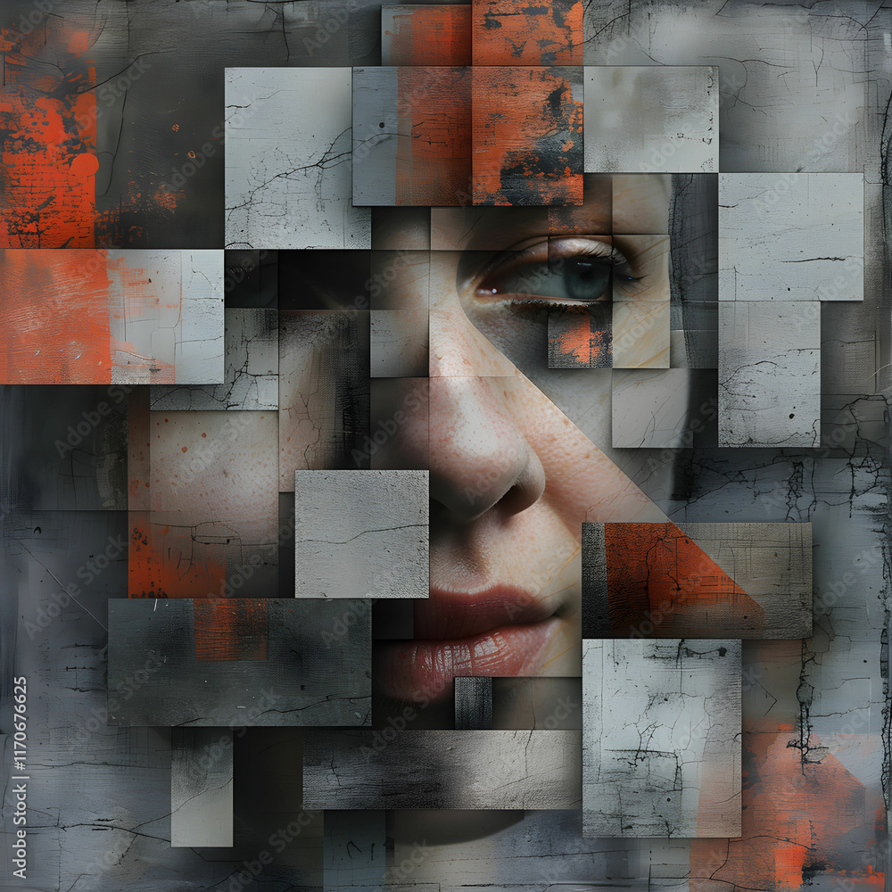 Poster abstract composition blending human features with geometric shapes and textures in a modern artistic