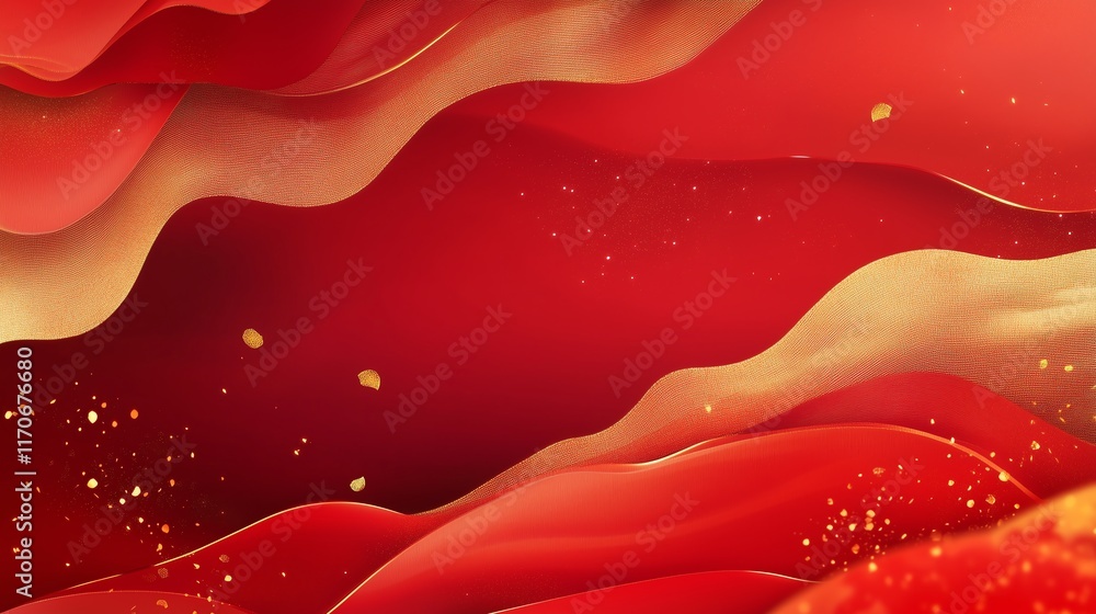 Poster abstract chinese new year background with bold red and gold waves, subtle floating cloud motifs, and