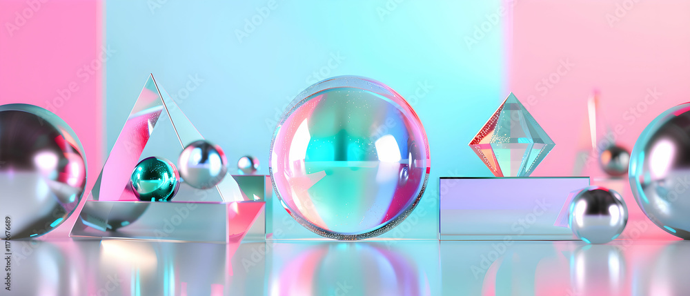 Poster abstract composition of colorful geometric shapes and reflective spheres on bright gradient backgrou