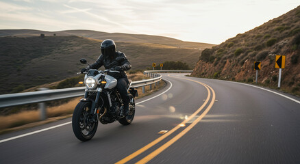 Obraz premium Motorcycle, road and man riding on mountain for adventure, travel or sport. Bike, rider and outdoor for freedom, journey, landscape, lifestyle, vehicle, activity and transportation in nature