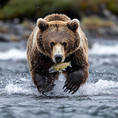 A grizzly bear hunting salmon at Brooks falls. Coastal Brown Grizzly Bears fishing at Katmai National Park, Alaska. , Katmai National Park, Alaska.