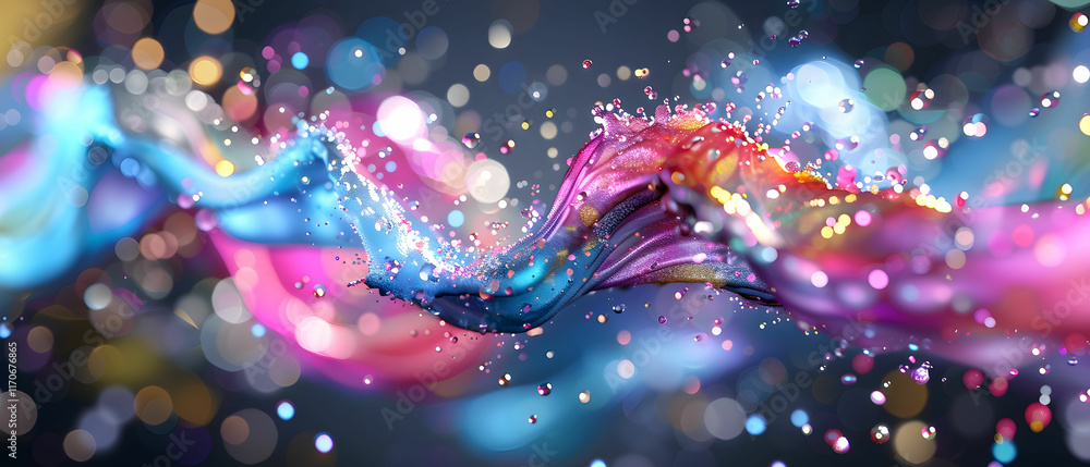 Poster colorful abstract waves of light and sparkles flowing in a dreamlike background with blurry bokeh ef