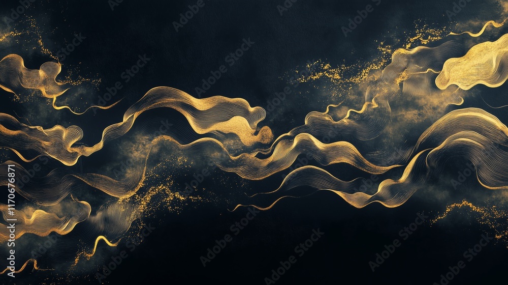 Poster abstract festive background with golden clouds and wave motifs on a matte black canvas, leaving spac